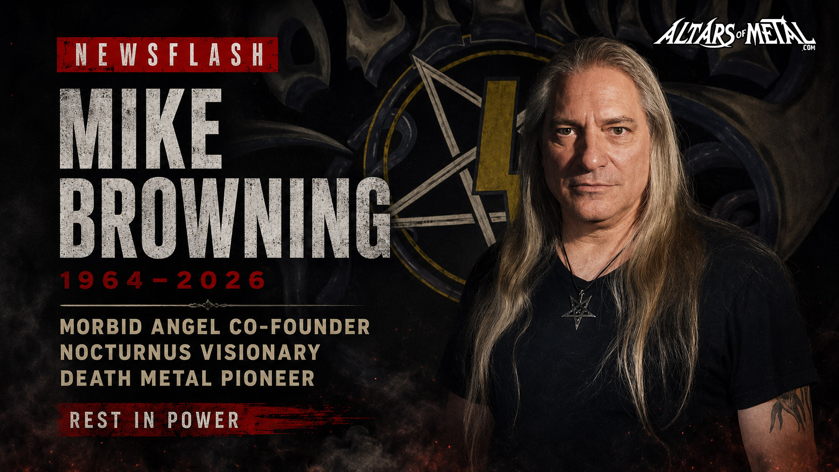Mike Browning memorial newsflash image marking the death of the Nocturnus founder and former Morbid Angel drummer at 62