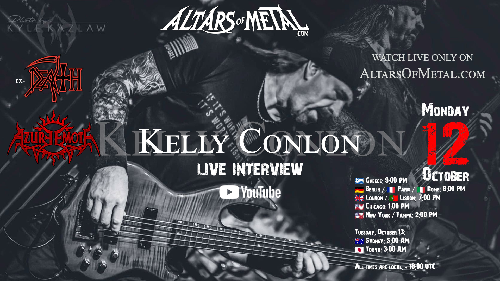 Kelly Conlon live interview poster featuring DEATH and Azure Emote, October 12, 2026, on Altars Of Metal