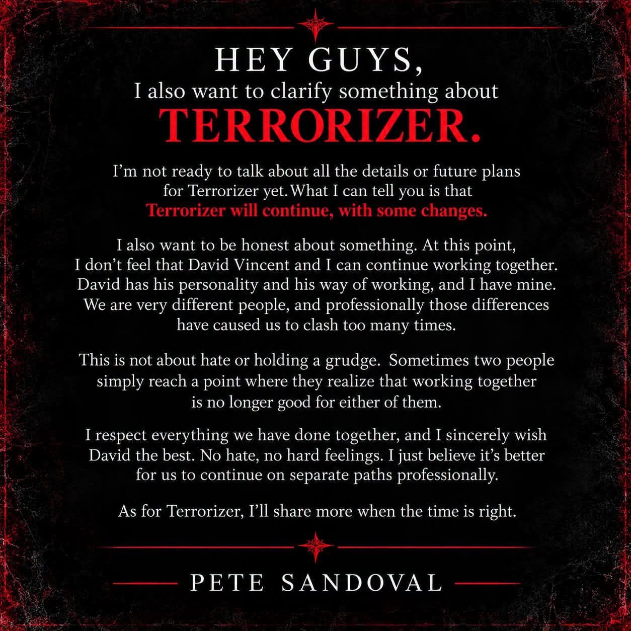 Pete Sandoval – ανακοίνωση για τους Terrorizer και τον David Vincent